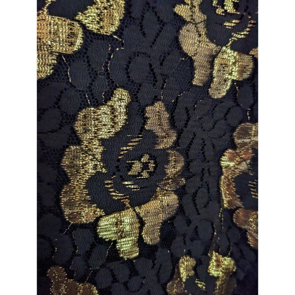 Sandi Dee Vintage Black Gold Floral Flapper Style Ruffle Hem Dress Size 20 1/2 - Picture 8 of 9
